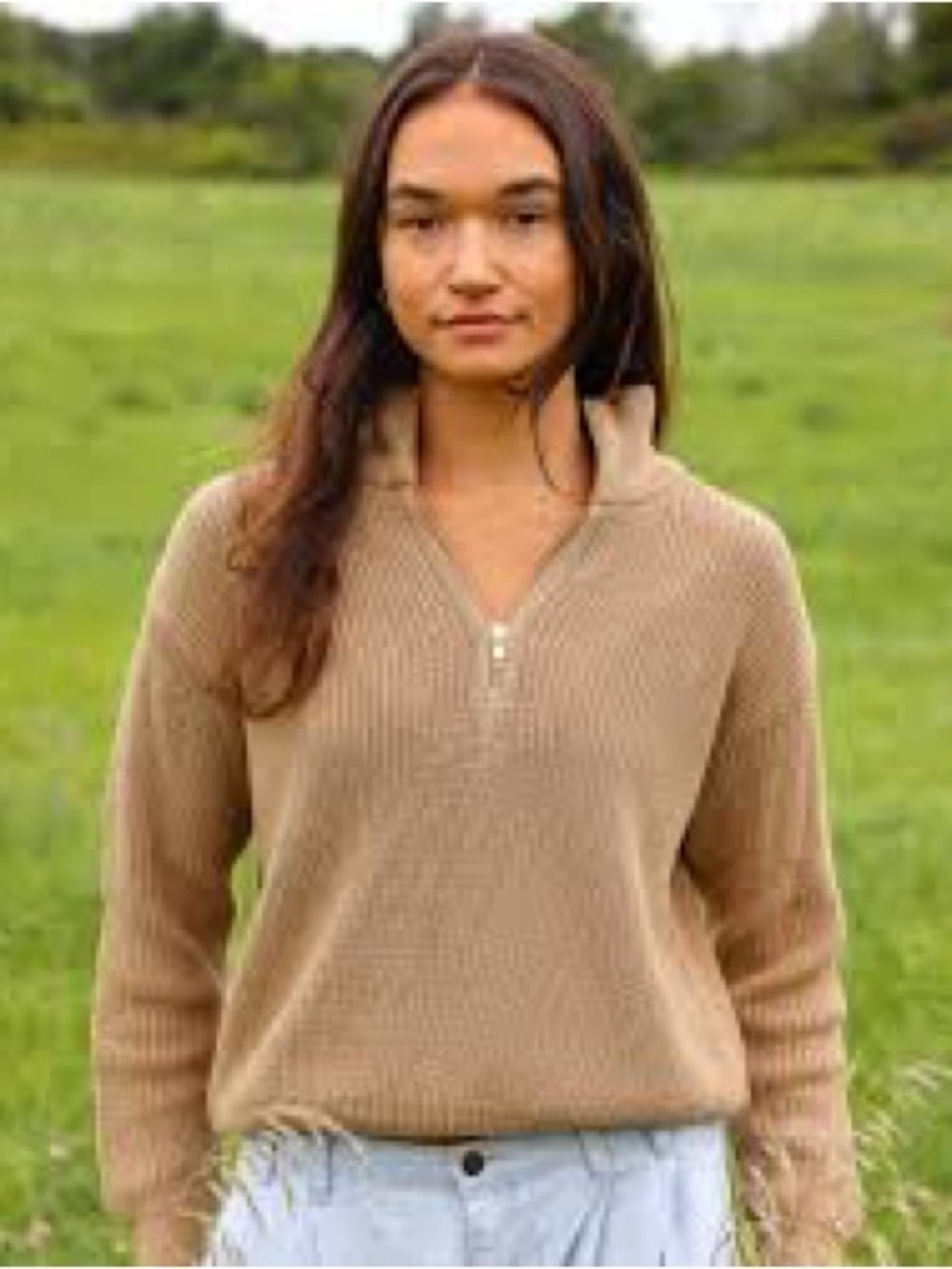ROOTS 1/2 Zip Ribbed Sweater - Camel